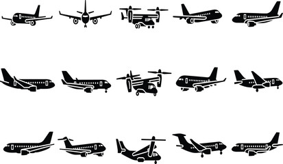 Collection of black silhouette icons of various airplanes and helicopters aircraft