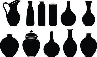 Collection of black silhouette vases and pitchers on white background bottle