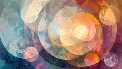 Abstract art with overlapping translucent circles and swirling patterns in warm and cool colors.