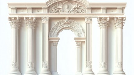 Naklejka premium ornate white classical architectural facade with five fluted columns and arched central opening adorned with intricate floral and decorative details evoking a sense of elegance and historical grandeur
