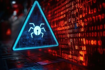 Glowing blue triangular warning sign with spider icon indicating malware or virus threat against a background of red binary code in a dark digital environment