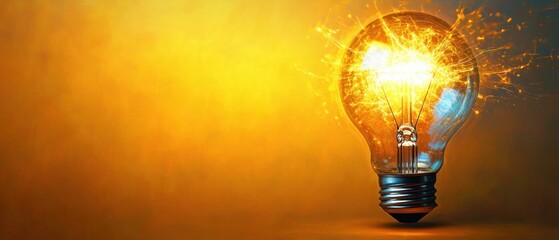 Close-up of a traditional incandescent light bulb with glowing filament emitting bright sparks against a warm yellow background, symbolizing energy and creativity