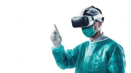 Surgeon in vr headset wearing surgical gown and mask with gloved hand raised on black background on transparent background