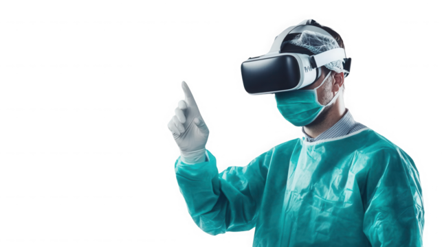 Surgeon in vr headset wearing surgical gown and mask with gloved hand raised on black background on transparent background - Powered by Adobe