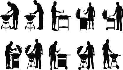 Silhouettes of men grilling food on various barbecue grills cooking 1