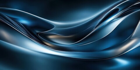 Abstract smooth flowing blue metallic waves with reflective surfaces creating a sense of fluidity and depth