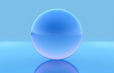 A reflective transparent blue sphere sitting on a smooth shiny surface with a blue gradient background, creating a calm and serene atmosphere