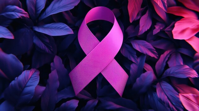 A vibrant pink awareness ribbon stands out against a backdrop of dark, colorful leaves.