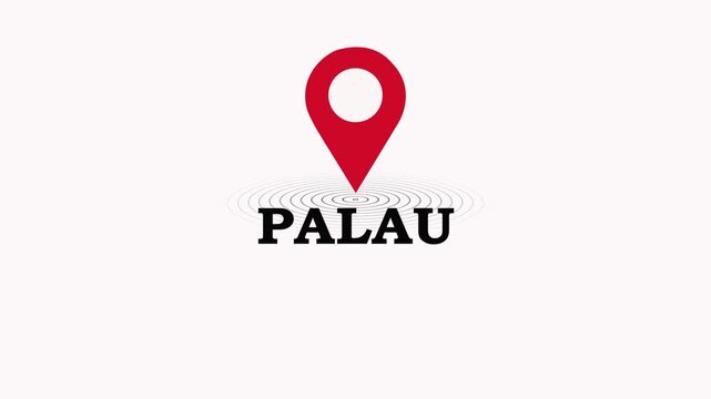 Palau Location Symbol. Palau country name text down location pin pointer icon black background 4K video.