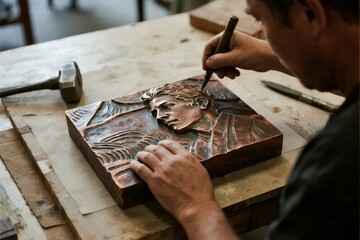 Artisan carving a detailed relief sculpture on a wooden block using hand tools in a workshop setting