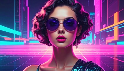 A stylish woman with purple sunglasses and pink lips in a vibrant neon-lit retro-futuristic cityscape.