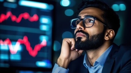 A bespectacled man in a suit gazes upward, contemplating, against a backdrop of blurred digital data and red graphs, evoking a financial or analytical atmosphere.