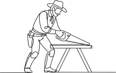 Cowboy Carpenter in Action Line Art Depicting a Man Sawing Wood with Precision and Skill in a Workshop