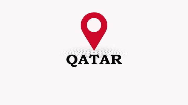 Qatar Location Symbol. Qatar country name text down location pin pointer icon black background 4K video.