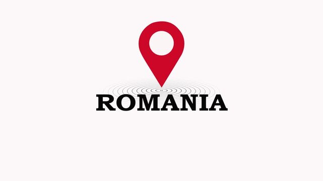 Romania Location Symbol. Romania country name text down location pin pointer icon black background 4K video.