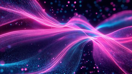 Flowing dynamic waves of pink and blue light particles creating a smooth and vibrant abstract digital landscape with energetic movement