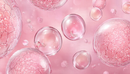 Ultra-realistic 3D render of microscopic collagen or skin cell structures and moisturizing bubbles on a soft pink background.