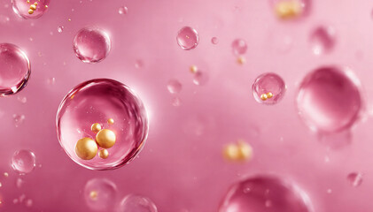 Luxury 3D render of microscopic beauty bubbles, cosmetic oil drops, or encapsulated active ingredients on a soft pink background.