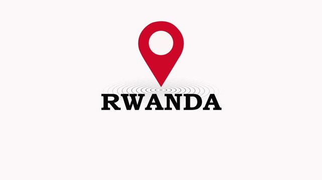 Rwanda Location Symbol. Rwanda country name text down location pin pointer icon black background 4K video.