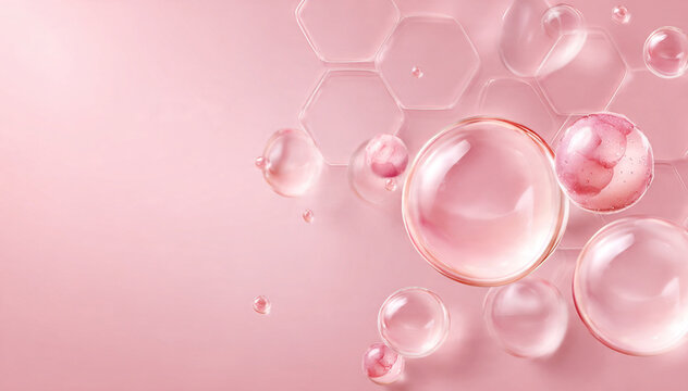 Luxury 3D render of microscopic beauty bubbles, cosmetic oil drops, or active ingredients on a soft pink background, representing skin regeneration and deep hydration.
