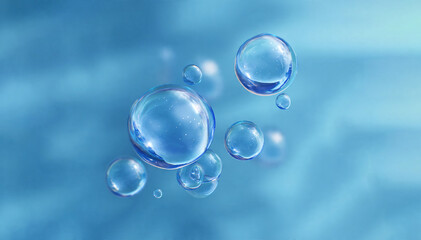 Abstract 3D render of cosmetic serum or water drop spheres. Transparent liquid particles, collagen, or hyaluronic acid concept for science, hydration, and skincare advertising.