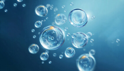 Abstract 3D render of cosmetic serum spheres and water drops with micro-bubbles. Hyaluronic acid, oxygen, or collagen particles concept for science, hydration, and skincare advertising.