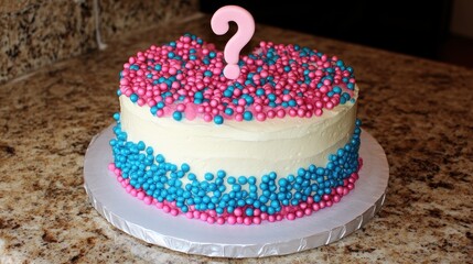 A round cake with smooth white frosting is adorned with blue and pink candy balls and topped with a pink question mark, resting on a granite countertop.