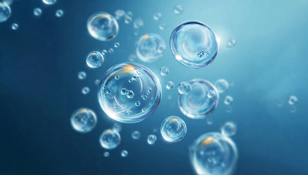 Abstract 3D render of cosmetic serum spheres and water drops with micro-bubbles. Hyaluronic acid, oxygen, or collagen particles concept for science, hydration, and skincare advertising.