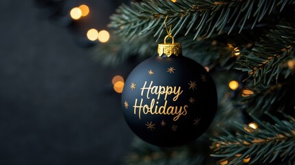A black ornament with "Happy Holidays" in gold script and gold snowflakes hangs from a Christmas tree, gently illuminated by warm lights in the background.
