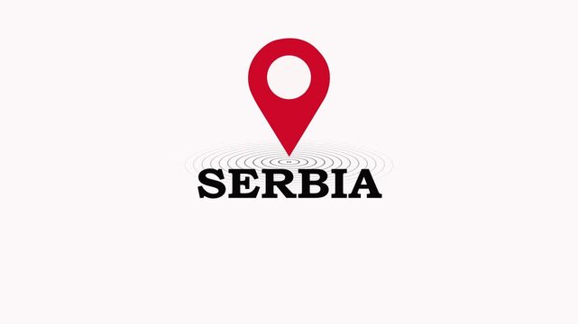 Serbia Location Symbol. Serbia country name text down location pin pointer icon black background 4K video.