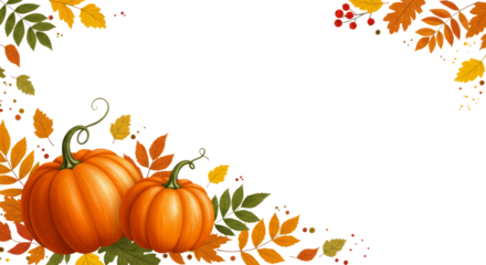 Autumn harvest pumpkins and colorful falling leaves border on a transparent background