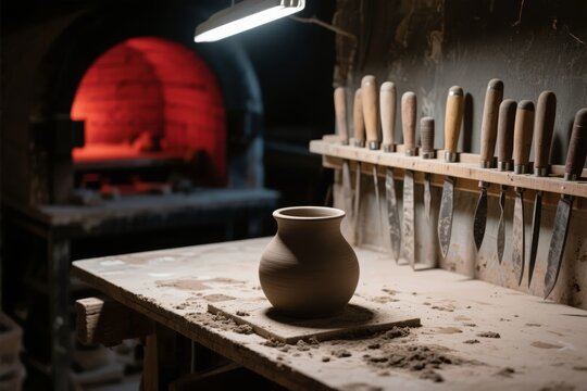 Clay pot on workbench in pottery studio with kiln and tools in background