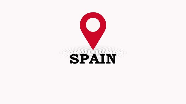 Spain Location Symbol. Spain country name text down location pin pointer icon black background 4K video.