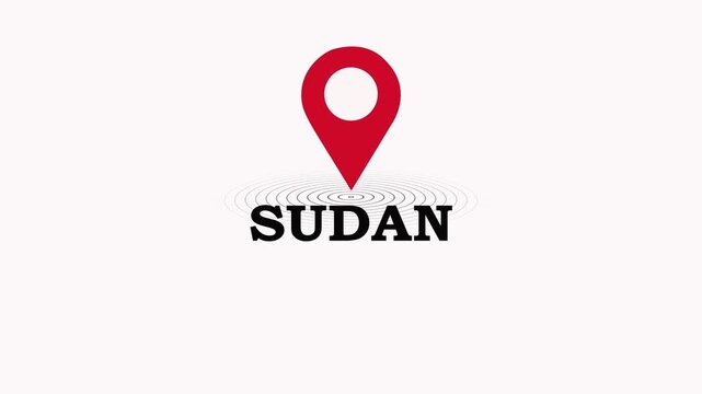 Sudan Location Symbol. Sudan country name text down location pin pointer icon black background 4K video.