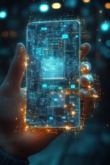 Naklejka premium Hand holding a translucent smartphone displaying glowing blue digital circuits and microchips emitting sparkling orange light particles in a dark futuristic environment