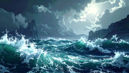 Dramatic stormy ocean scene with powerful waves crashing against rocky cliffs under a cloudy sky with a bright light.