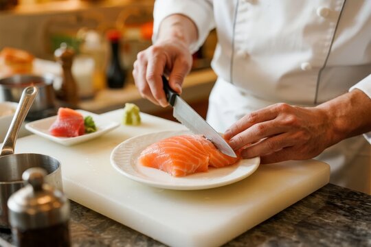 Chef slicing raw salmon on a plate in a kitchen setting