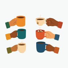 Hands Holding Coffee, Tea and Hot Drinks – Cozy Vector Illustration Set