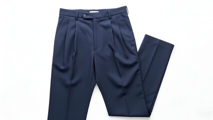 Navy blue pleated dress pants neatly displayed against a white background