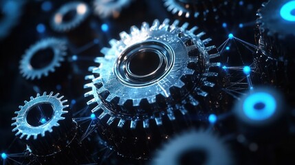 Close-up of interconnected metallic gears with glowing blue points highlighting a network, symbolizing technology and mechanical precision