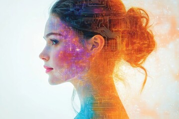 Profile of a young woman with her hair in a bun, overlaid with digital circuit patterns and glowing light effects symbolizing technology and human-computer connection