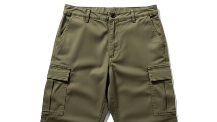 Olive green cargo pants, frontal view, studio lighting, isolated on white background