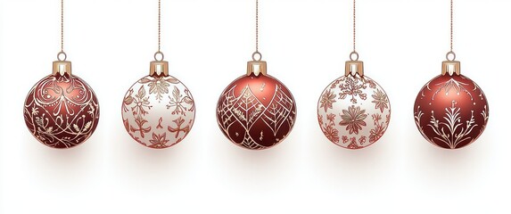 Five hanging Christmas baubles in red and white with delicate floral and leafy golden patterns creating a festive and elegant mood