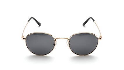 Oval sunglasses with gold rims and dark lenses, casting a subtle shadow, isolated on white