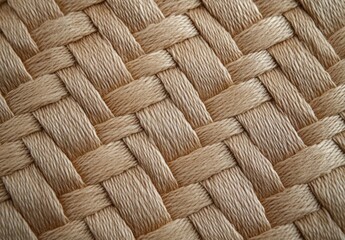 Close-up view of beige woven fabric with intricate basket weave pattern showing texture and fiber detail