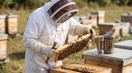 Beekeeper Checking a Beehive
