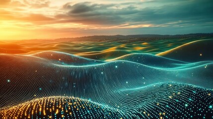 Sunset over digital abstract landscape with glowing wave-like grid and scattered light particles under dramatic clouded sky