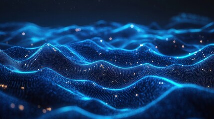 Glowing blue digital wave pattern with dotted grid structure and floating golden particles creating a futuristic and dynamic visual effect