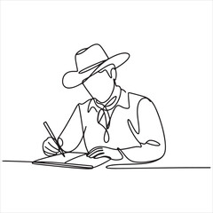 A single continuous line drawing of a cowboy thoughtfully writing a letter or story in a notebook