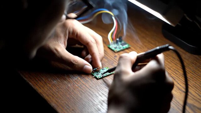 Person soldering wires onto circuit board on wooden table, electronics repair